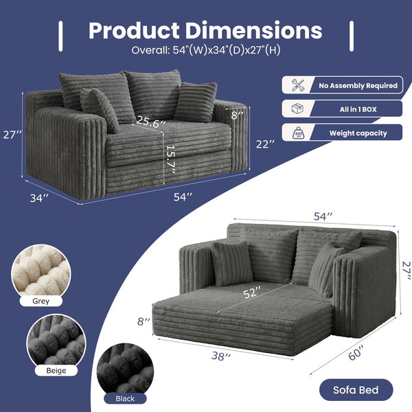 Convertible Sofa Bed Boneless Loveseat Sleeper with 4 Pillows & Detachable Cushion