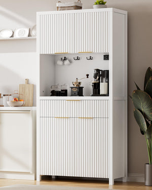 Fluted Pantry Cabinet with Charging Station, Adjustable Shelves & Storage Drawers