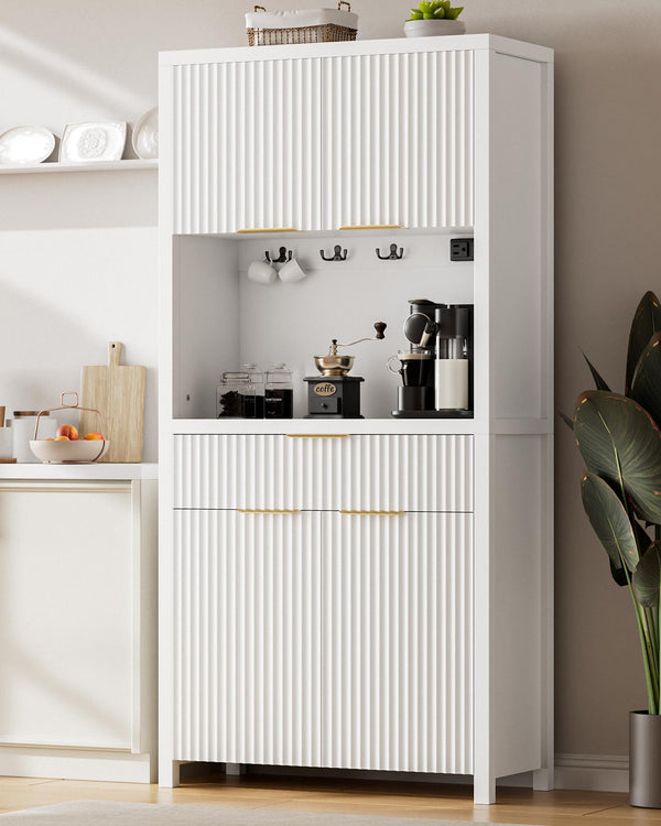 Fluted Pantry Cabinet with Charging Station, Adjustable Shelves & Storage Drawers