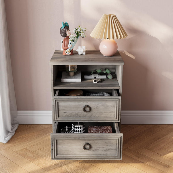 2-Drawer Wood Nightstand with Open Compartment