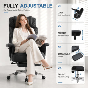 Office Desk Chair, High-Back Big and Tall Leather Chair with Footrest, Ergonomic Reclining Computer Chairs, Comfy Executive Wide Chair with Lumbar Support, Adjustable Padded Armrests, 400LBS (Black)