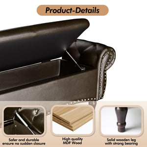 Upholstered Storage Ottoman Bench with Rolled Arms & Nailhead Trim