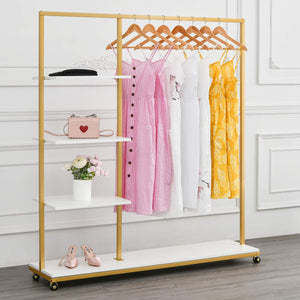 Gold Clothes Racks with 4-Tier Wood Shelves, Modern Freestanding Gold Clothing Racks for Hanging Clothes Display Racks,Rolling Clothing Racks for Boutique, Cloth Store