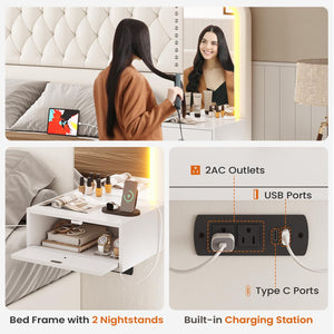 Queen Bed Frame with Storage Drawers, LED & Nightstands