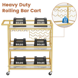 3-Tier Rolling Bar Cart with Wine Rack & Glass Holder
