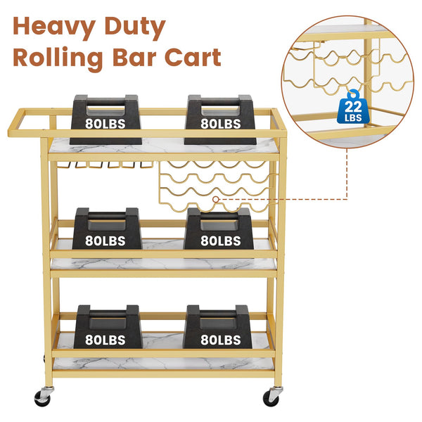 3-Tier Rolling Bar Cart with Wine Rack & Glass Holder