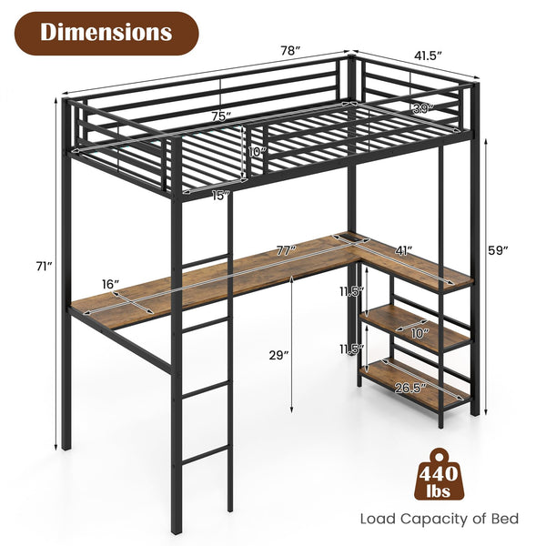 Twin Size Metal Loft Bed with Desk, LED Lights & Charging Station