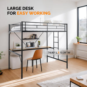 Metal Loft Bed with Desk, LED Lights & Charging Stations