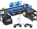 L-Shaped Gaming & Office Desk with Storage, LED Lighting & Power Outlet