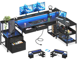 L-Shaped Gaming & Office Desk with Storage, LED Lighting & Power Outlet