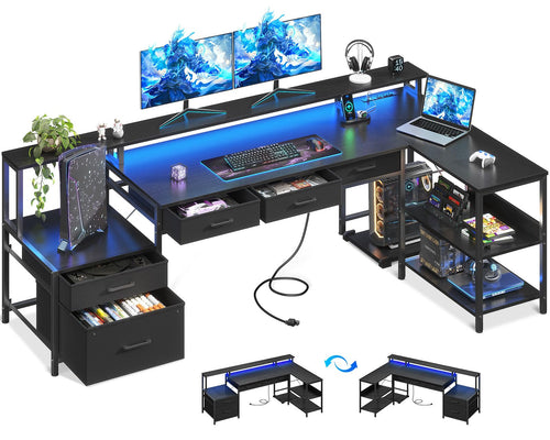 L-Shaped Gaming & Office Desk with Storage, LED Lighting & Power Outlet
