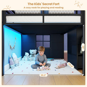 Kids Low Loft Bed Twin with Stairs, LED Lights & Storage