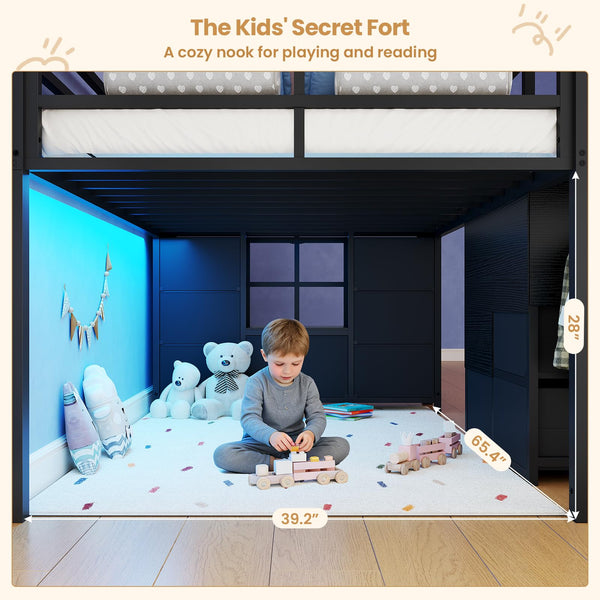 Kids Low Loft Bed Twin with Stairs, LED Lights & Storage