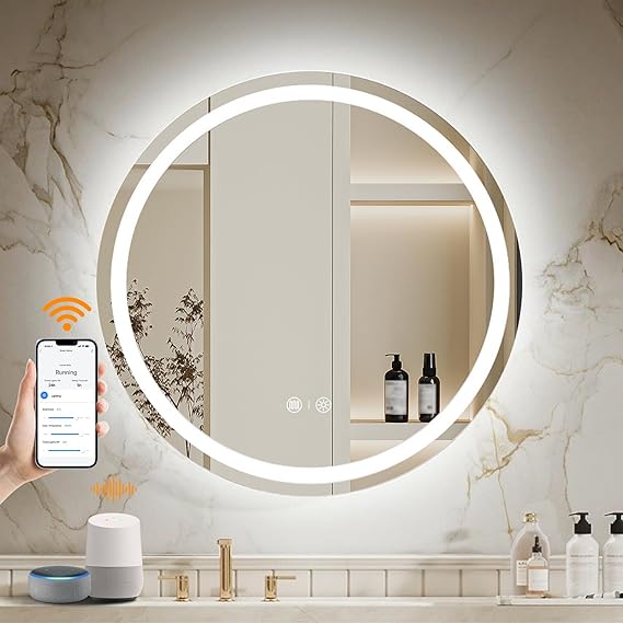 Round Smart LED Bathroom Mirror with WiFi, Anti-Fog & Dimming