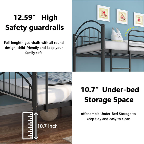 Twin Over Twin Metal Bunk Bed – 2-in-1 Convertible with Guardrails