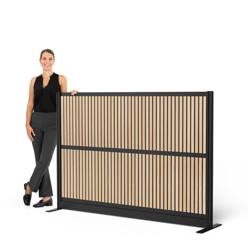 Modular Office Room Divider with Faux Wood Slats & Sound Dampening Panels