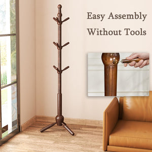 Solid Wood Coat Rack Stand with 9 Hooks & Adjustable Height
