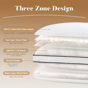 Queen Size Goose Feather Down Bed Pillows – 2 Pack Gusseted