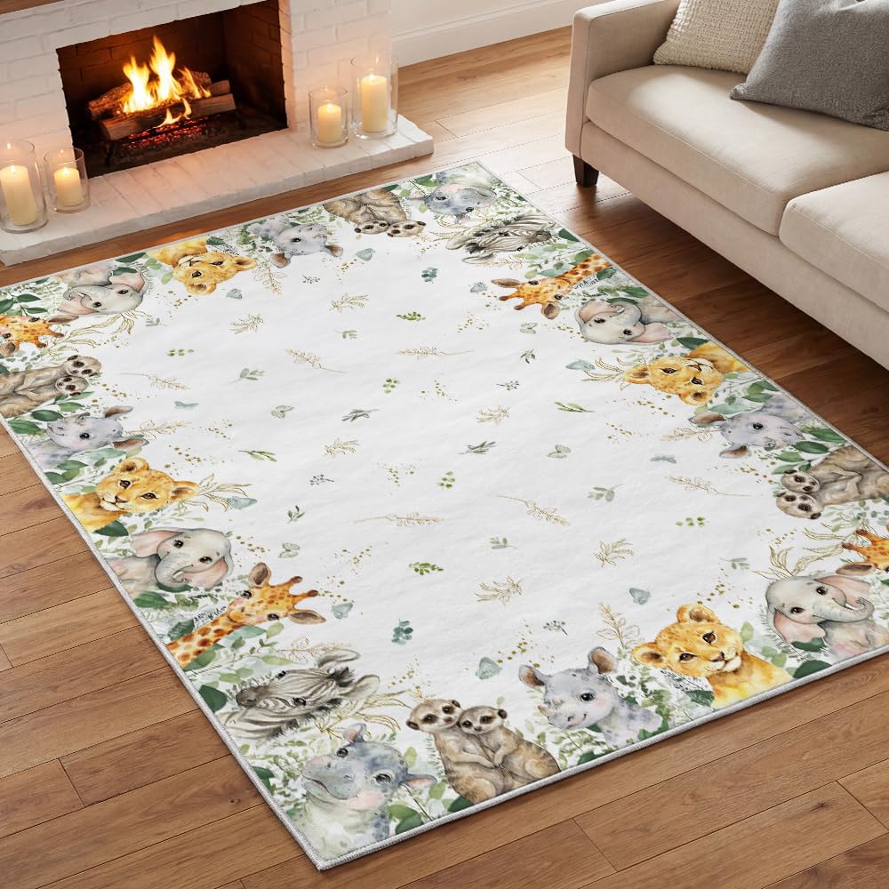 Elephant Giraffe Animal Print Area Rug – Washable Indoor Rug