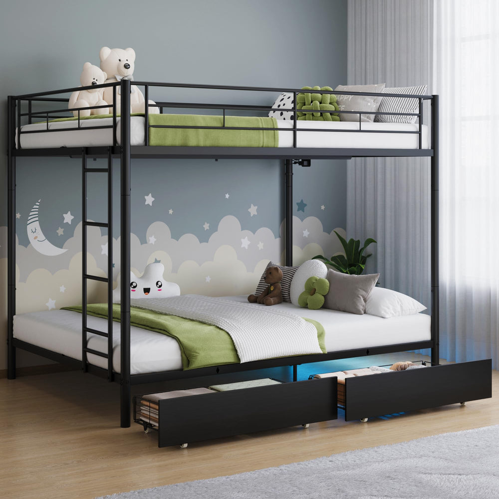 Twin Over Twin Metal Bunk Bed with LED Lights & USB Charging