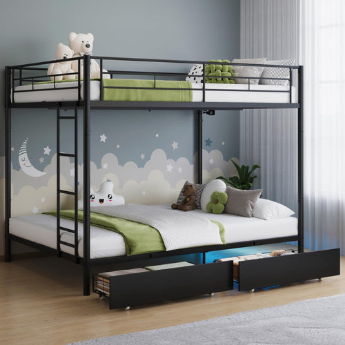 Twin Over Twin Metal Bunk Bed with LED Lights & USB Charging