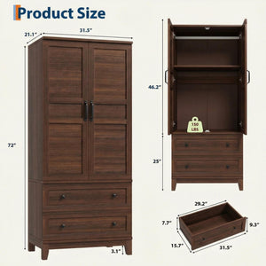 72" Armoire Wardrobe with Drawers & Adjustable Shelves – Walnut