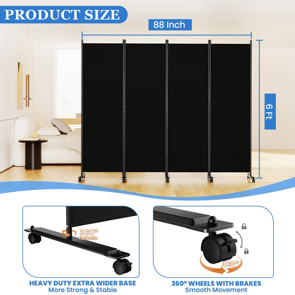 Folding Room Divider with Lockable Wheels & Privacy Screen