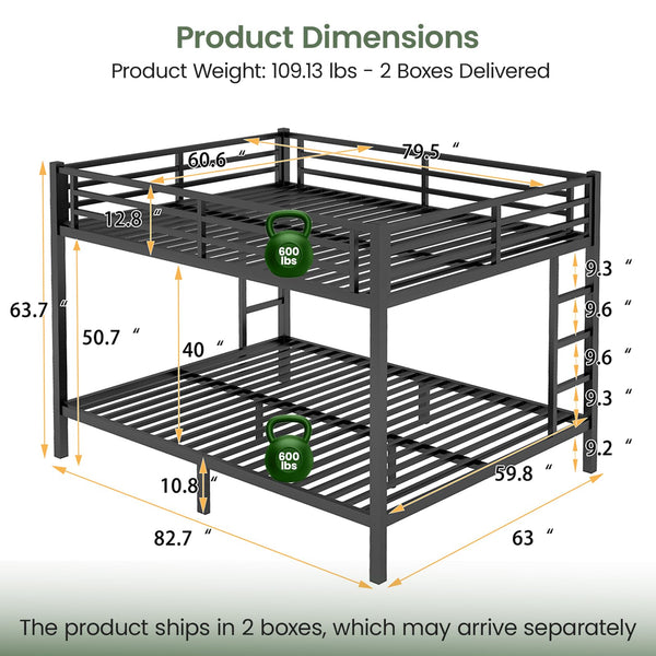Queen Over Queen Bunk Bed – Heavy Duty Metal Frame with Guardrails & Ladders