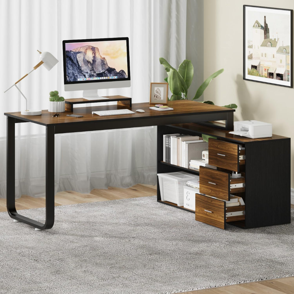 55-Inch L-Shaped Computer Desk with Drawers & Storage Shelves
