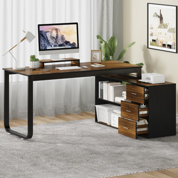 55-Inch L-Shaped Computer Desk with Drawers & Storage Shelves