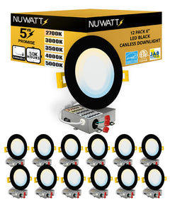 6-Inch Black LED Recessed Lighting 12-Pack 5CCT Dimmable Canless Wafer Light
