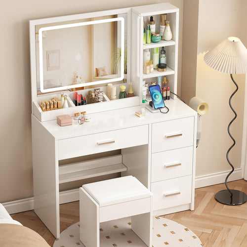 Vanity Desk with Mirror, Lights & 4 Drawers – Makeup Table Set with Stool