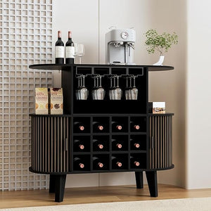 Wine Bar Cabinet with Sliding Tambour Door, Glass Shelves & 12 Wine Racks