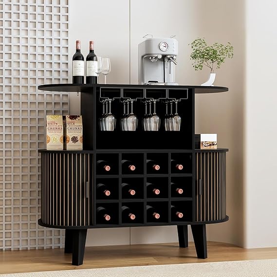 Wine Bar Cabinet with Sliding Tambour Door, Glass Shelves & 12 Wine Racks