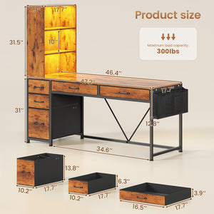 Computer Desk with Drawers, Bookshelf & LED Lights
