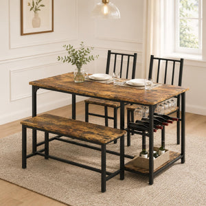 4-Person Dining Table Set with Bench, Wine Rack & Storage