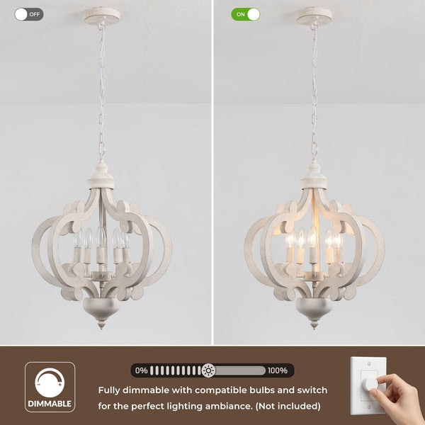 5-Light Farmhouse Chandelier – Distressed White, Rustic Wood, Adjustable Height