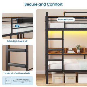 Twin Over Twin Bunk Bed with Storage, LED Lights & Charging Station