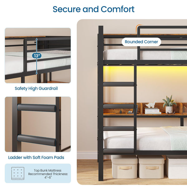 Twin Over Twin Bunk Bed with Storage, LED Lights & Charging Station