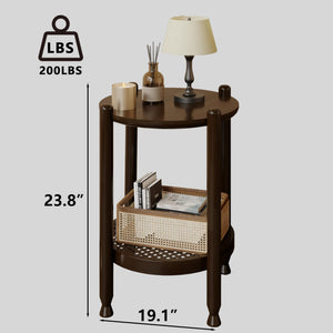 2-Tier Round End Table with Rattan Storage Shelf