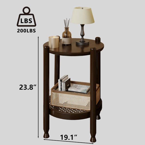 2-Tier Round End Table with Rattan Storage Shelf