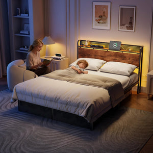 Queen Bed Frame with Storage Headboard, LED Lights & 2 Drawers