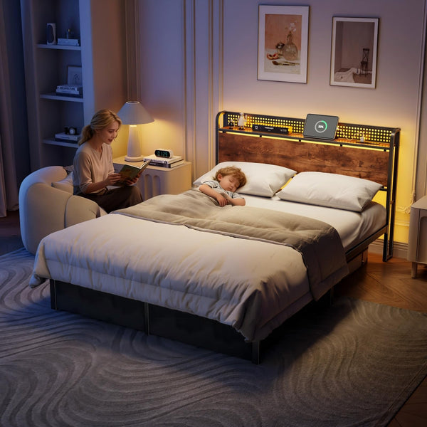 Queen Bed Frame with Storage Headboard, LED Lights & 2 Drawers