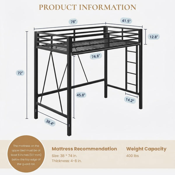 Twin Loft Bed with Metal Slats – Black