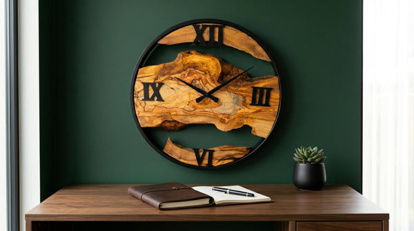 Olive Wood Wall Clock – Live Edge Silent Non-Ticking