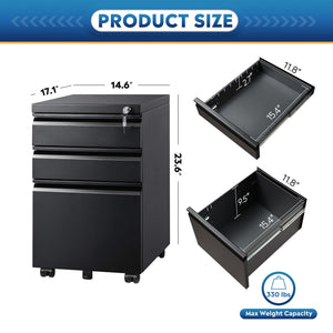 3-Drawer Mobile File Cabinet with Lock
