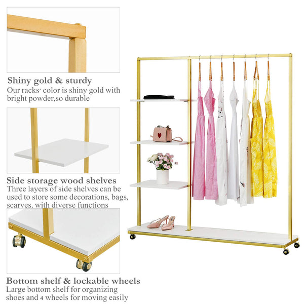 Gold Clothes Racks with 4-Tier Wood Shelves, Modern Freestanding Gold Clothing Racks for Hanging Clothes Display Racks,Rolling Clothing Racks for Boutique, Cloth Store