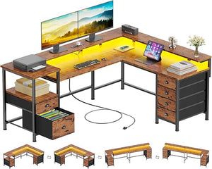 L-Shaped Gaming Desk with 6 Drawers, Monitor Stand & Power Outlets