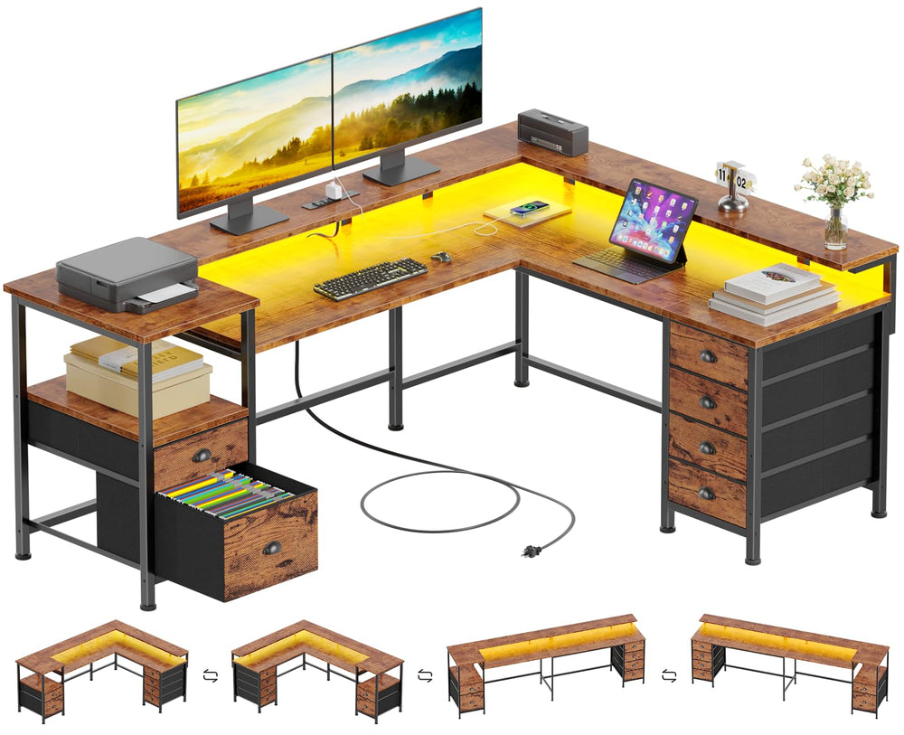 Reversible L-Shaped Gaming Desk with 6 Drawers, Monitor Stand & Power Outlets