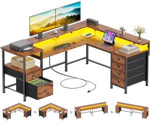 Reversible L-Shaped Gaming Desk with 6 Drawers, Monitor Stand & Power Outlets